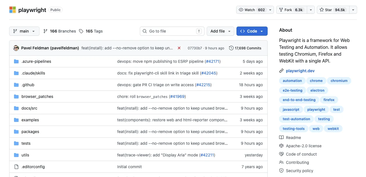 The microsoft/playwright GitHub repository, web testing and automation for Chromium, Firefox and WebKit with a single API