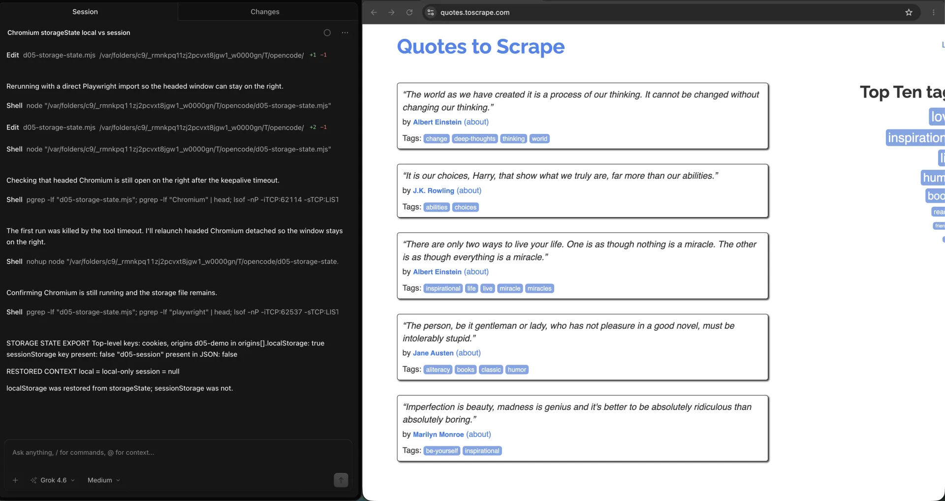 복원된 localStorage와 빈 sessionStorage를 보여주는 OpenCode, 옆에는 quotes.toscrape.com의 headed Chromium