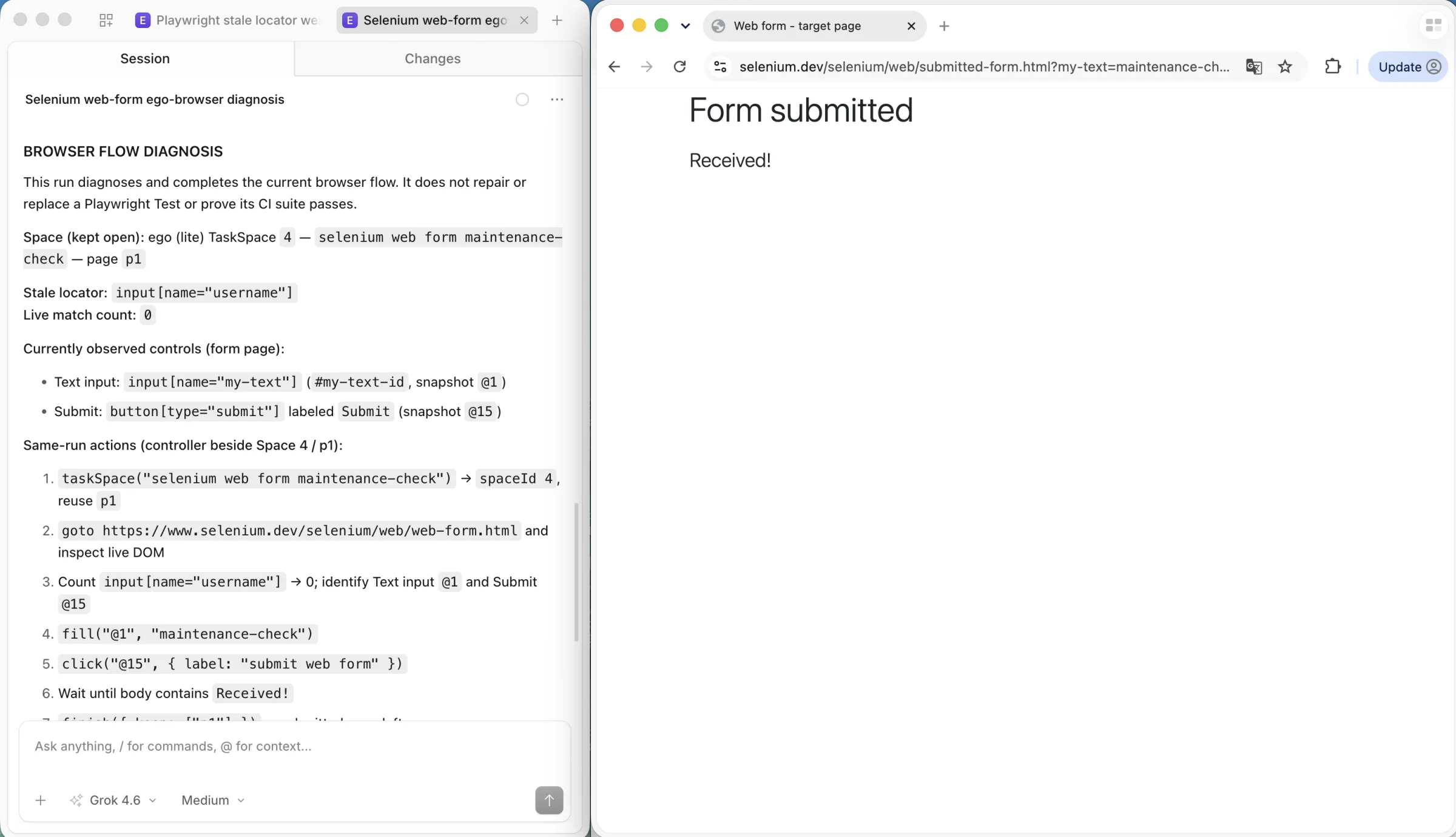 ego (lite) browser diagnosis reports zero matches for the old username locator, identifies the live form controls, and shows the submitted Selenium form