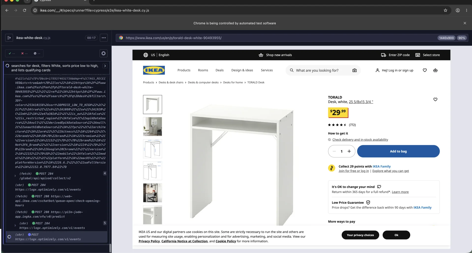 Cypress Runner displaying the IKEA product page for the white TORALD desk at $29.99