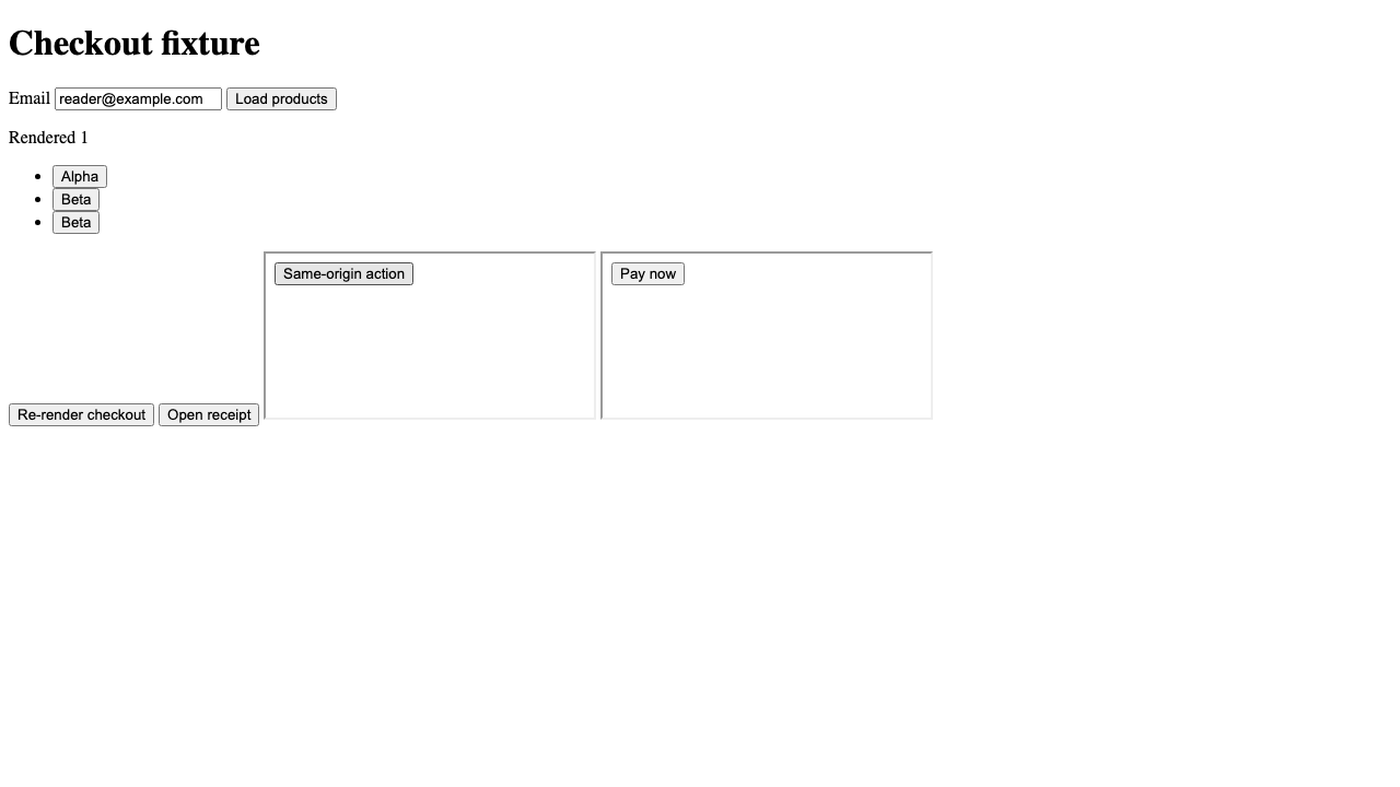 Owned Playwright and Cypress comparison fixture with delayed products, iframes, re-render button, and receipt popup control