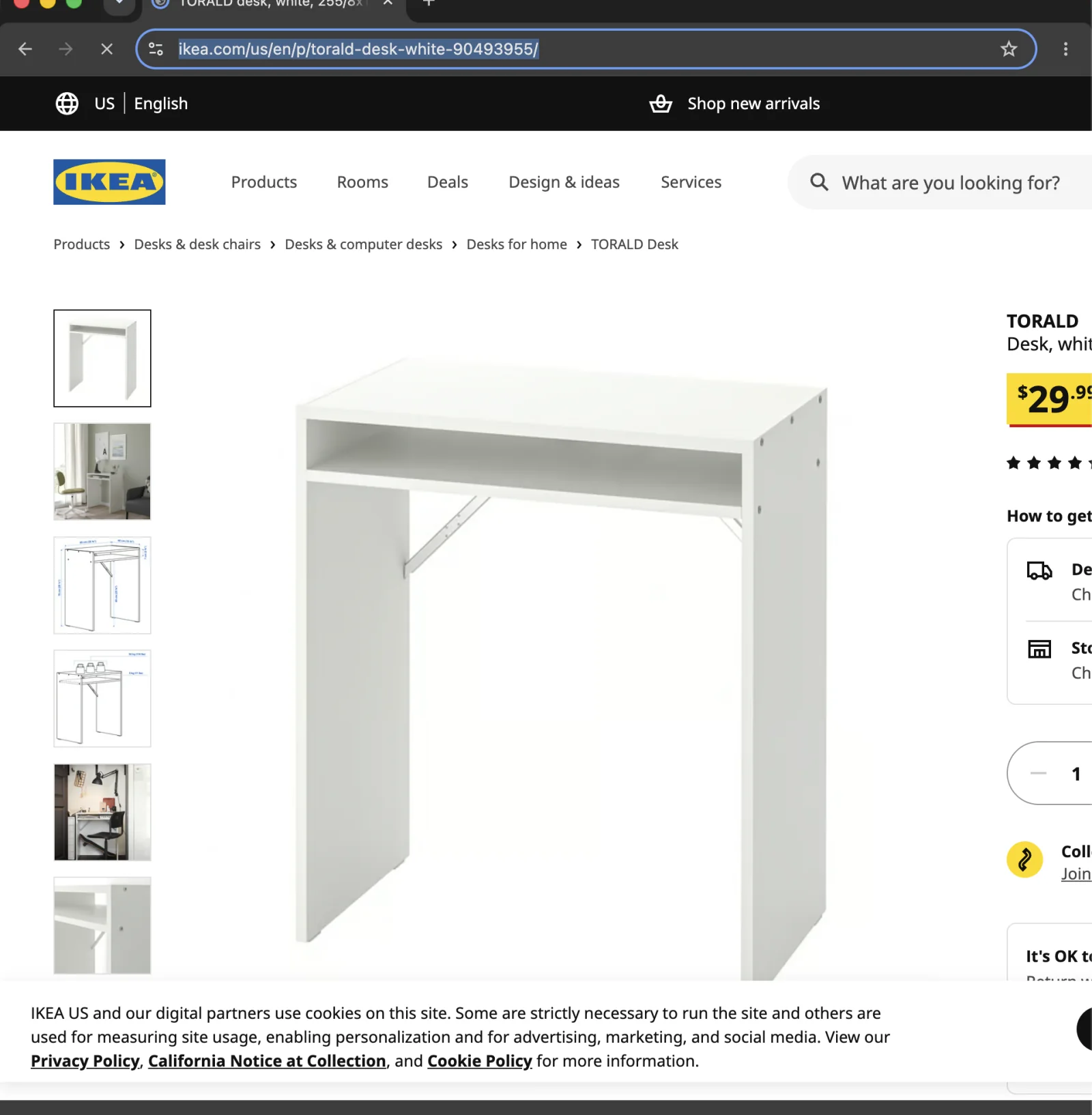 IKEA product detail page for the white TORALD desk opened during the Playwright run