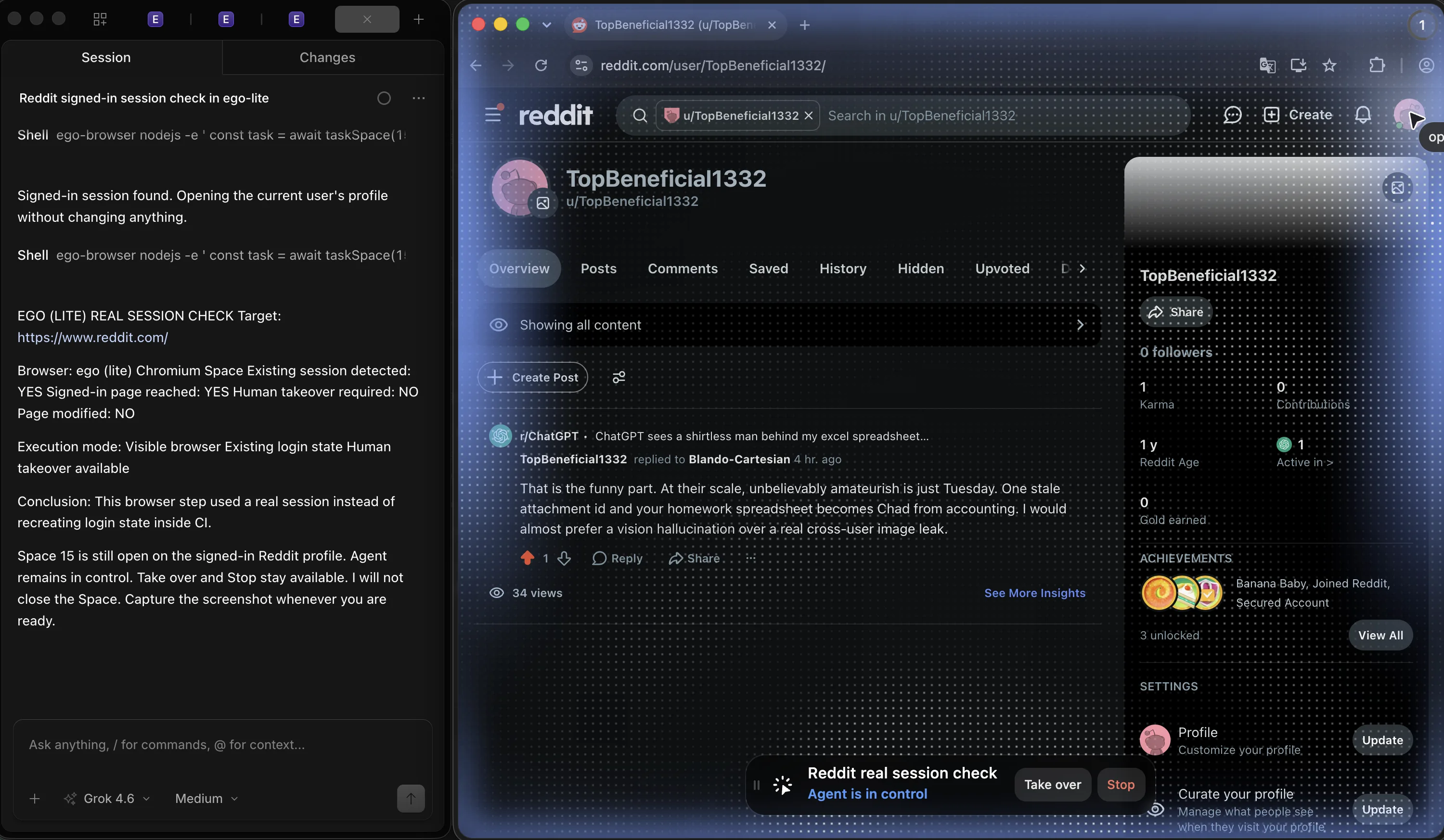 OpenCode beside an ego (lite) Space showing a signed-in Reddit profile with Agent is in control and Take over