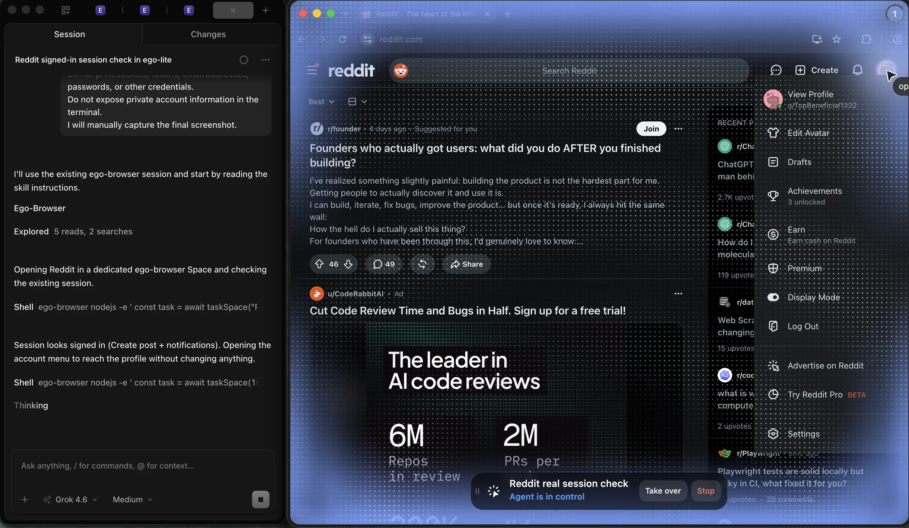 OpenCode beside an ego (lite) Space on reddit.com with Agent is in control, Take over, and Stop visible