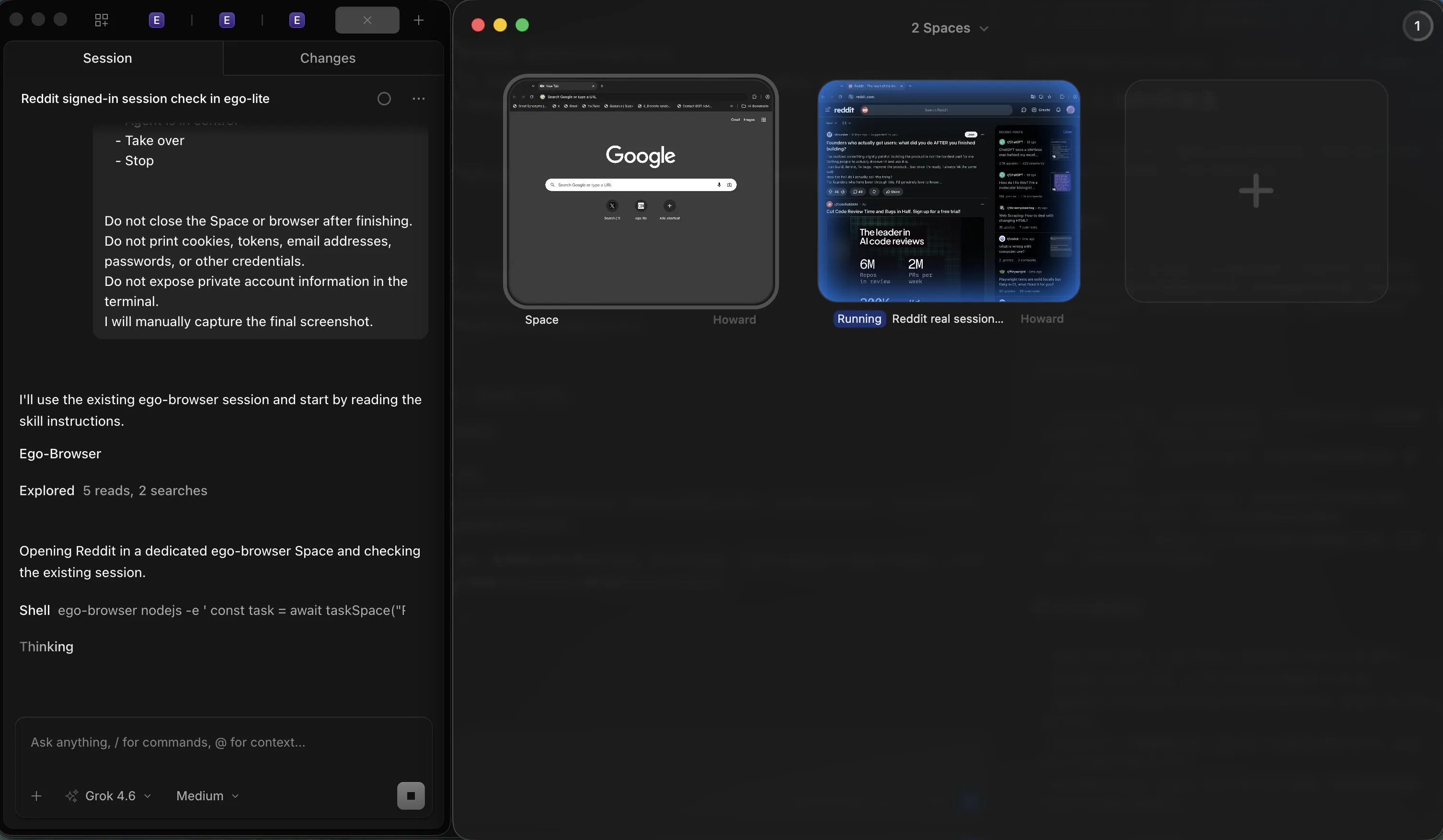 OpenCode beside the ego (lite) Spaces overview with a dedicated agent Space running and a separate Howard Space idle