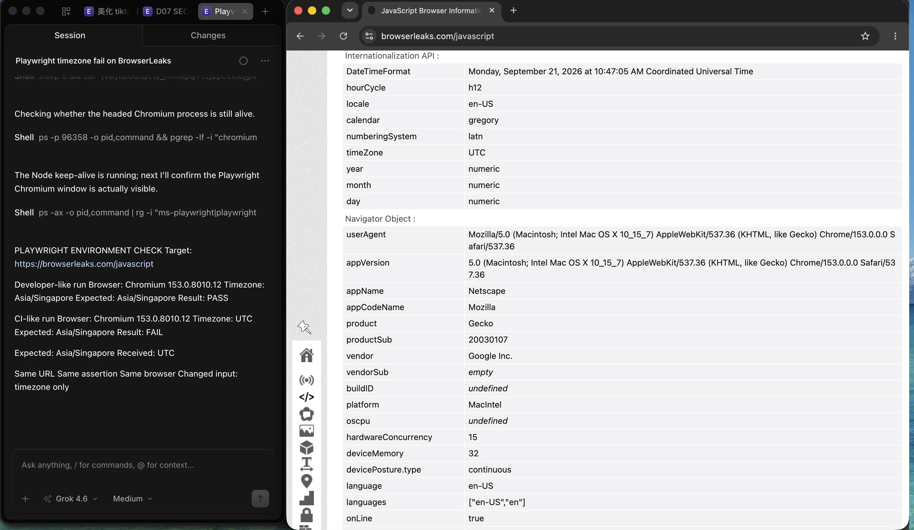 OpenCode beside a Playwright Chromium window on BrowserLeaks showing timeZone UTC after a timezone-pinned run