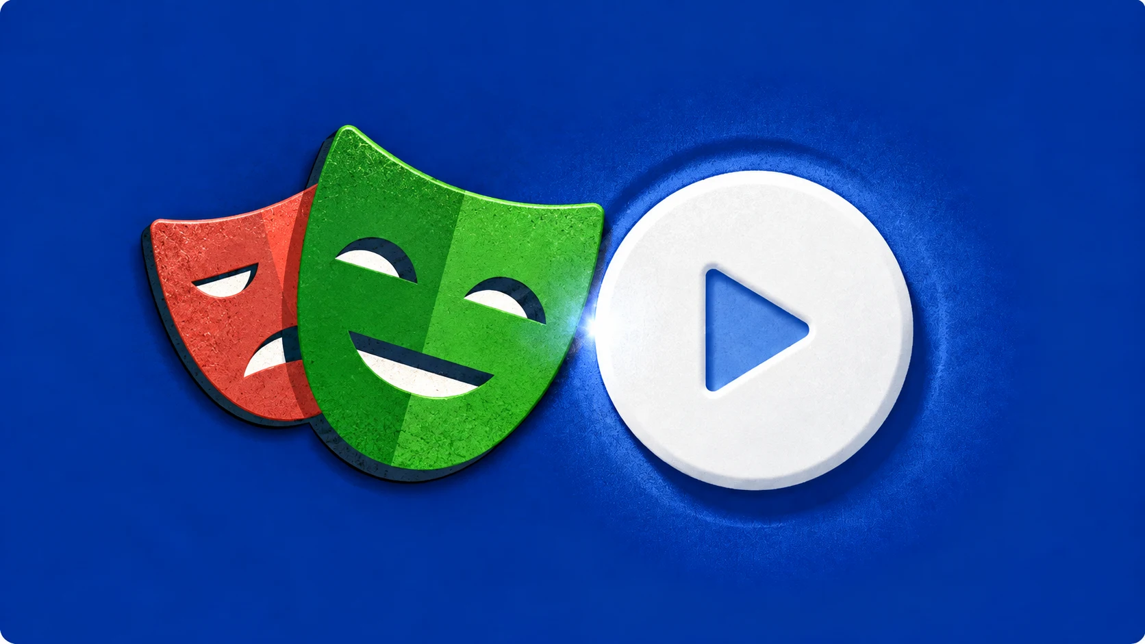 Playwright theatre masks beside a white play button on a blue background