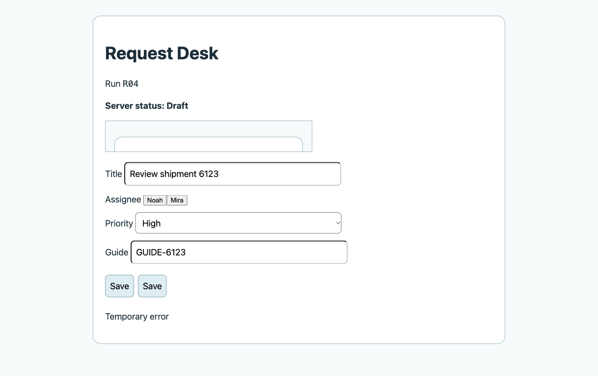 Audited manual Request Desk replay MV04B showing Temporary error after the injected first submit 503