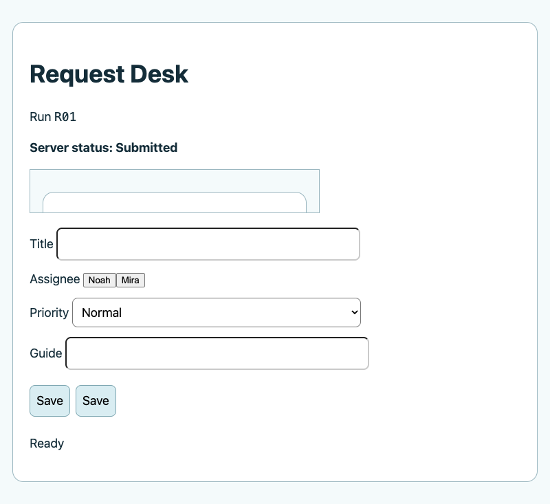 R01 Puppeteer agent screenshot after reload showing Server status Submitted