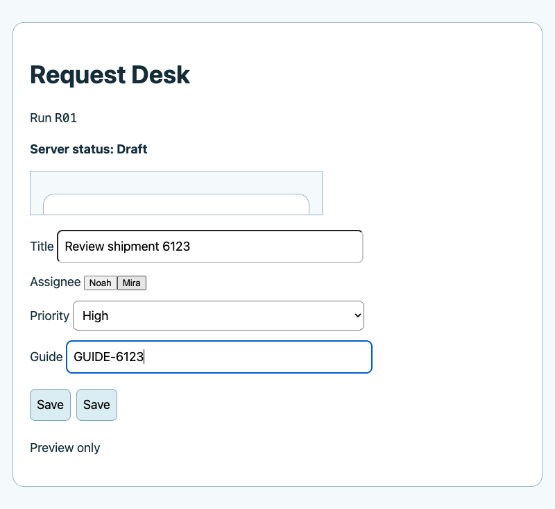 R01 Puppeteer agent form before submission with title Review shipment 6123, High priority, and GUIDE-6123