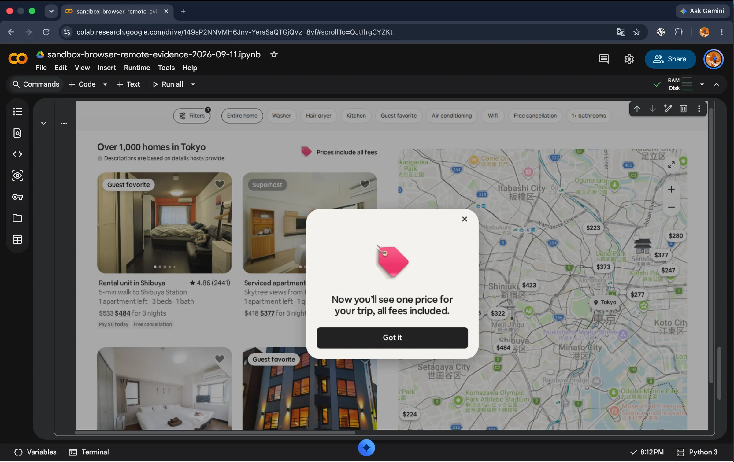 Google Colab remote runtime displaying a headless Chromium screenshot of Airbnb Tokyo search results