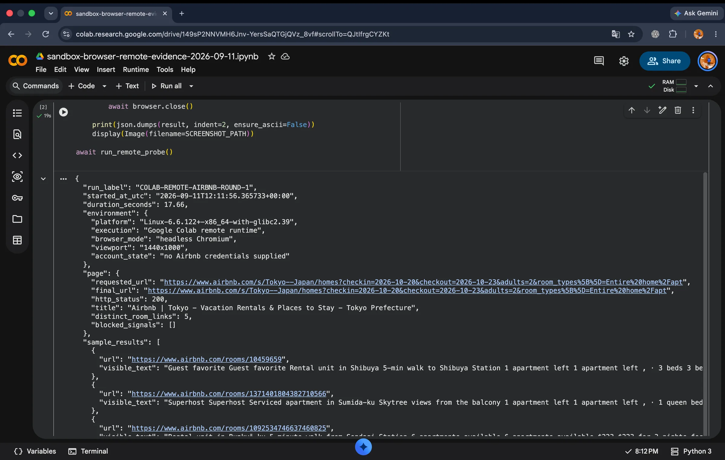Google Colab JSON output identifying the remote Linux runtime, headless Chromium, HTTP 200 response, five room links, and no recorded block signals