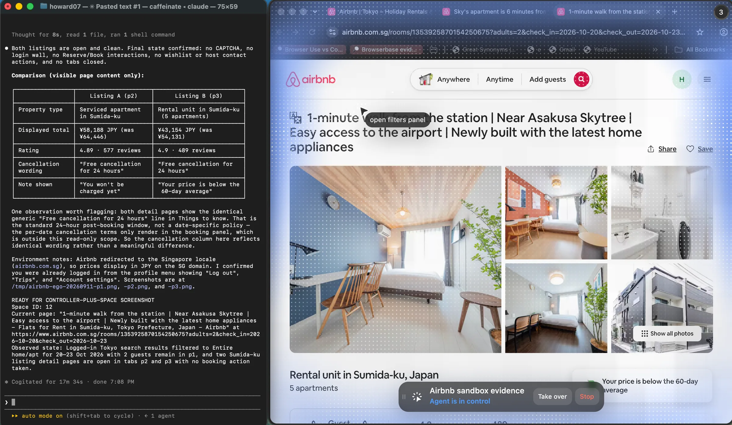 Claude Code showing a completed two-listing Airbnb comparison beside the live ego (lite) Space and its Agent is in control state