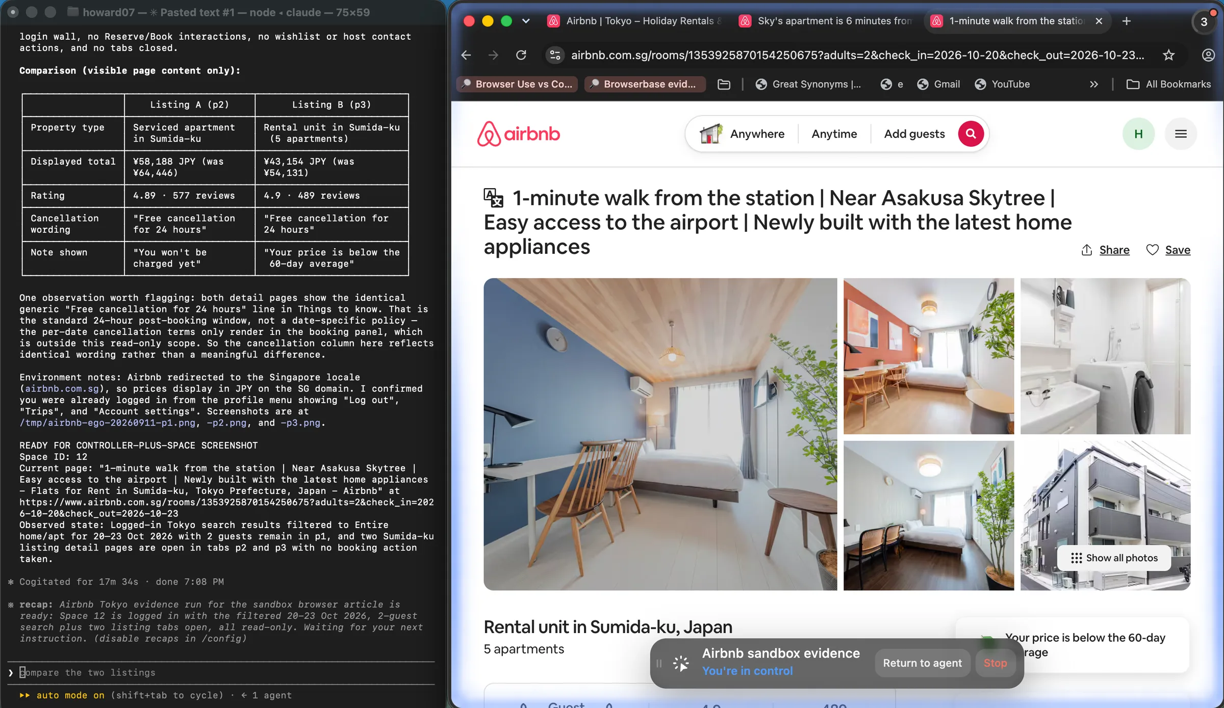The completed Airbnb comparison beside the same ego (lite) Space after its status changed to You're in control with Return to agent available