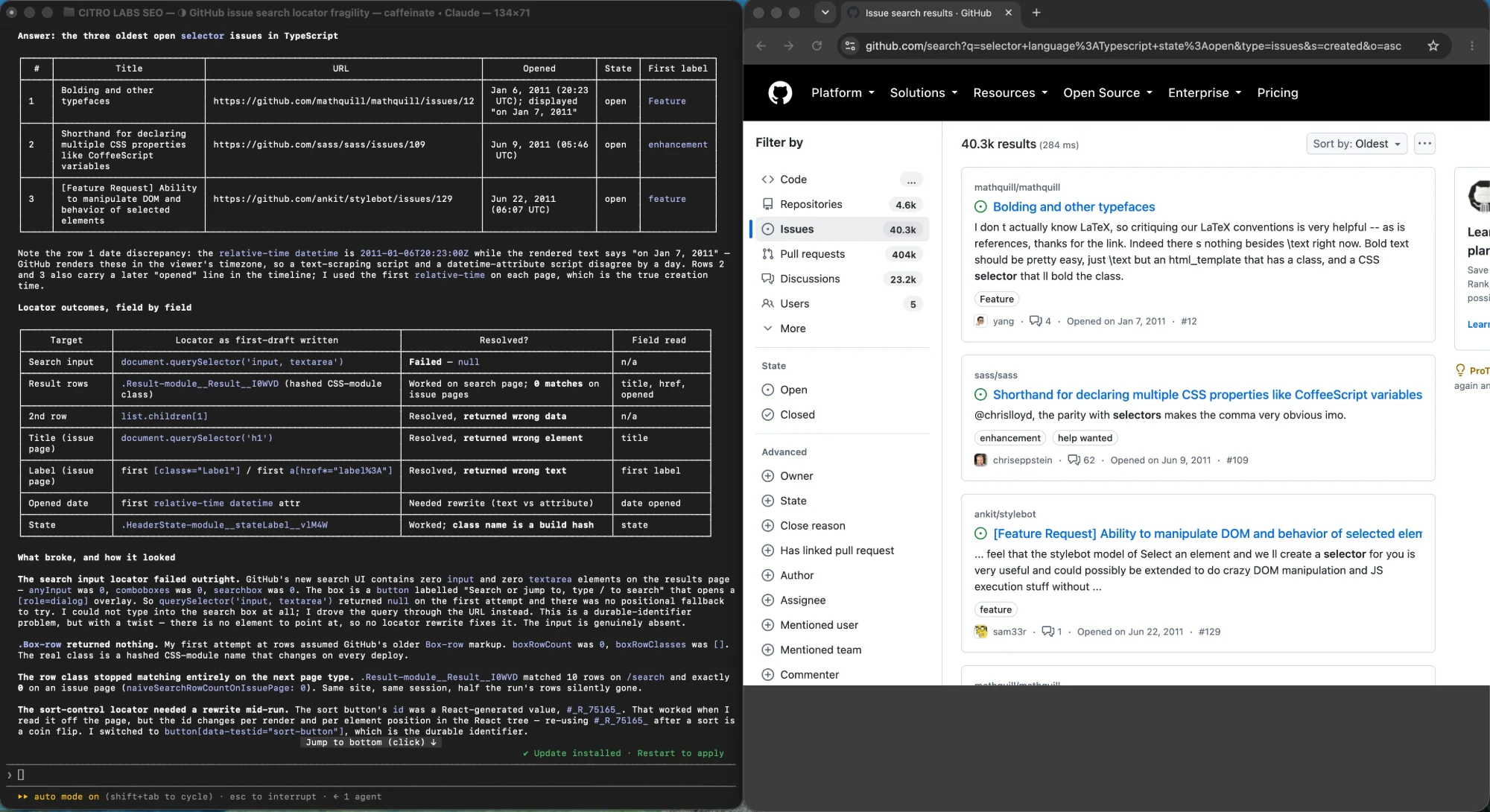 A browser automation session's final report listing each locator as it was first drafted, whether it resolved, and which failure it produced