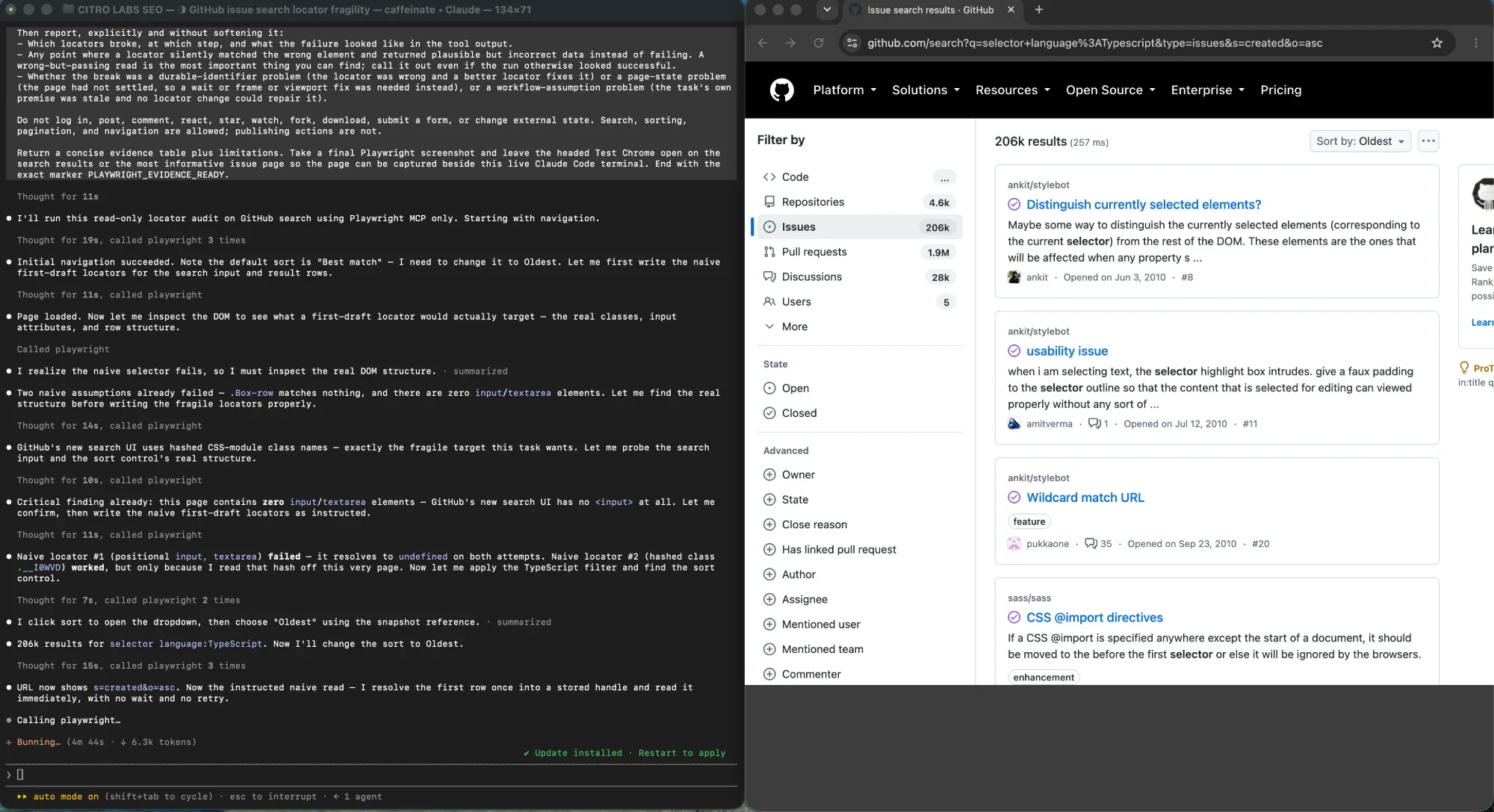 A browser automation terminal reporting that the page contains zero input or textarea elements, beside the GitHub issue search results it was pointed at