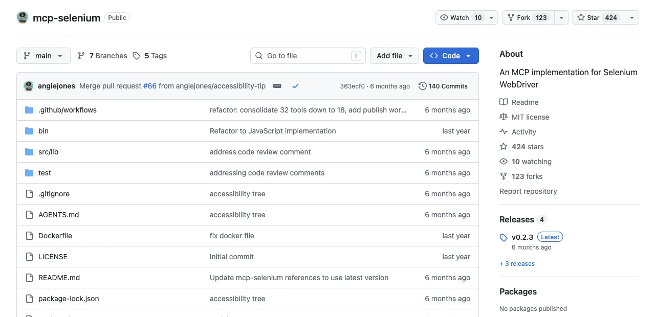 The angiejones/mcp-selenium GitHub repository: MIT license, 424 stars, 140 commits, tests and Dockerfile present, last release six months ago
