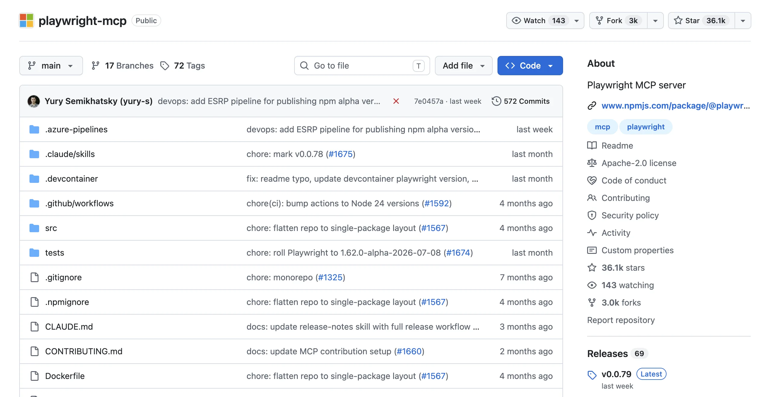 The microsoft/playwright-mcp GitHub repository showing 36.1k stars and active weekly commits