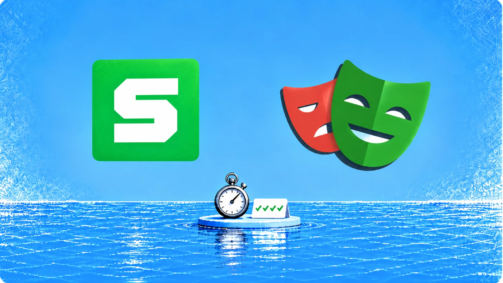 Stagehand symbol and Playwright masks above a blue sea with a stopwatch and checkmarks