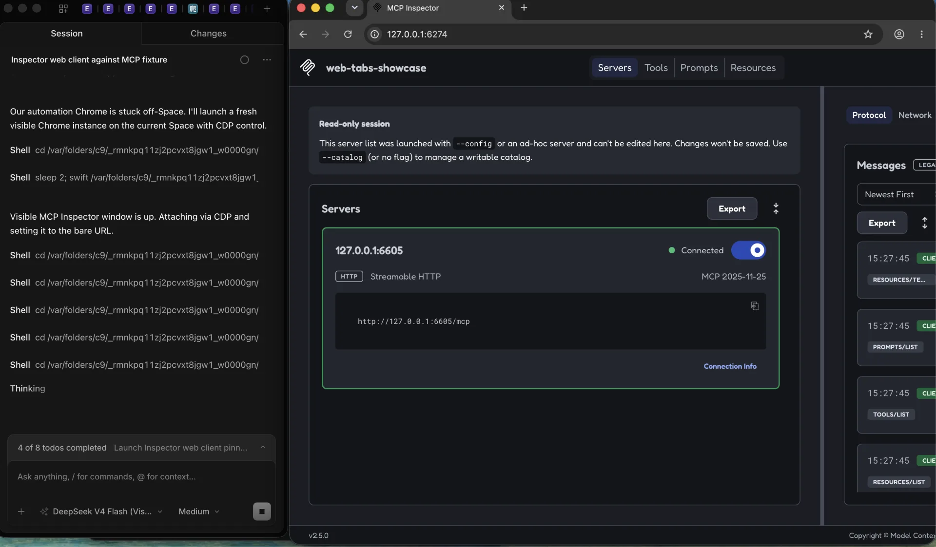 Streamable HTTP 経由でローカルの MCP フィクスチャに接続した Inspector Web クライアント。右側に Protocol のトランスクリプトが表示されています