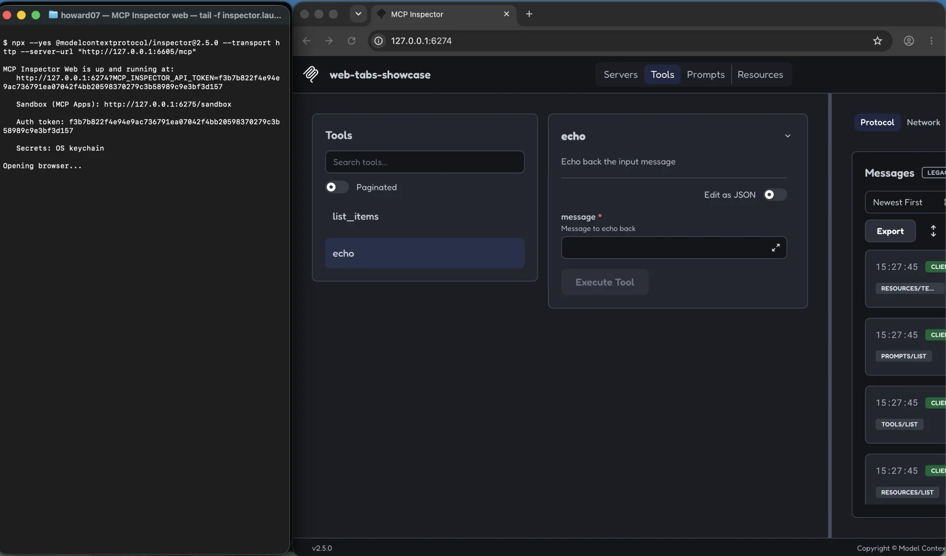 echo ツールを選択し、その入力スキーマが入力可能なフォームとして描画されている Inspector Web クライアントの Tools タブ