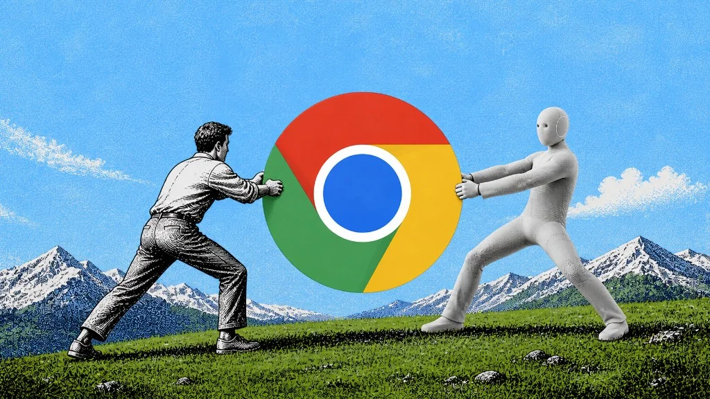 Engraved man and white robot tugging at a Chrome logo like a rope on a grassy mountain meadow