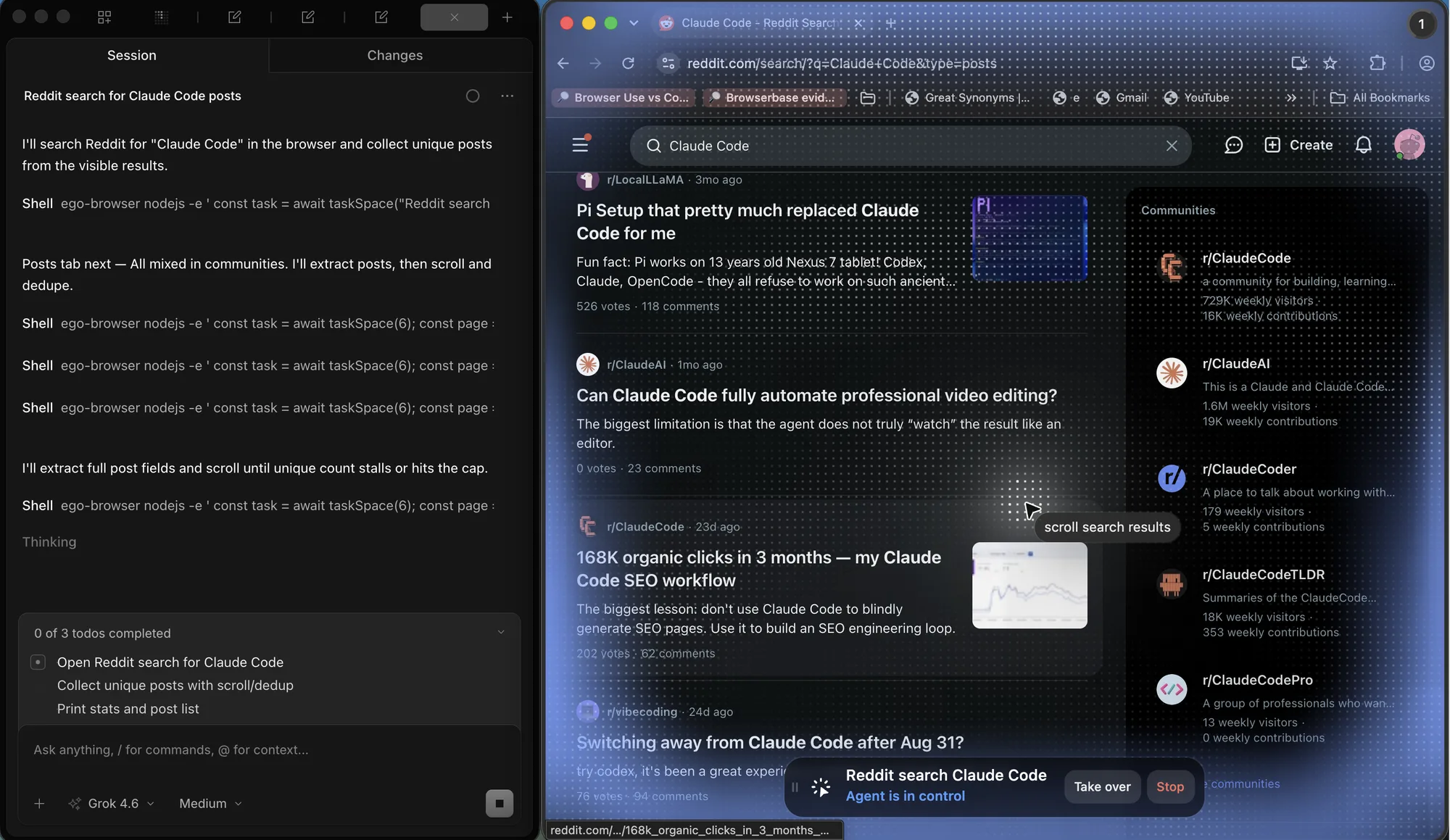 Grok 4.6 beside an ego (lite) Space on reddit.com search for Claude Code, scrolling the posts list with Agent is in control and Take over visible