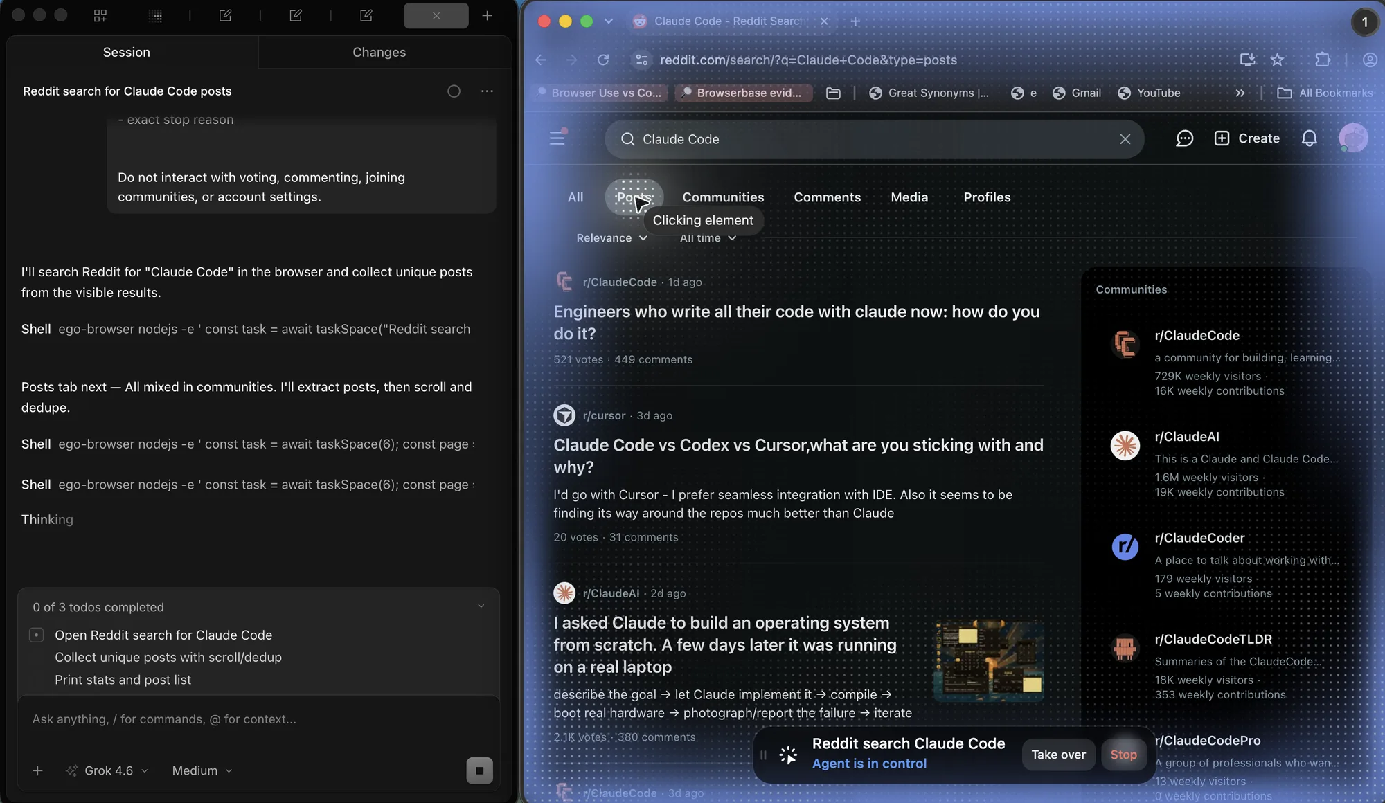 Grok 4.6 beside an ego (lite) Space clicking the Posts tab on a Reddit search for Claude Code, with Agent is in control visible
