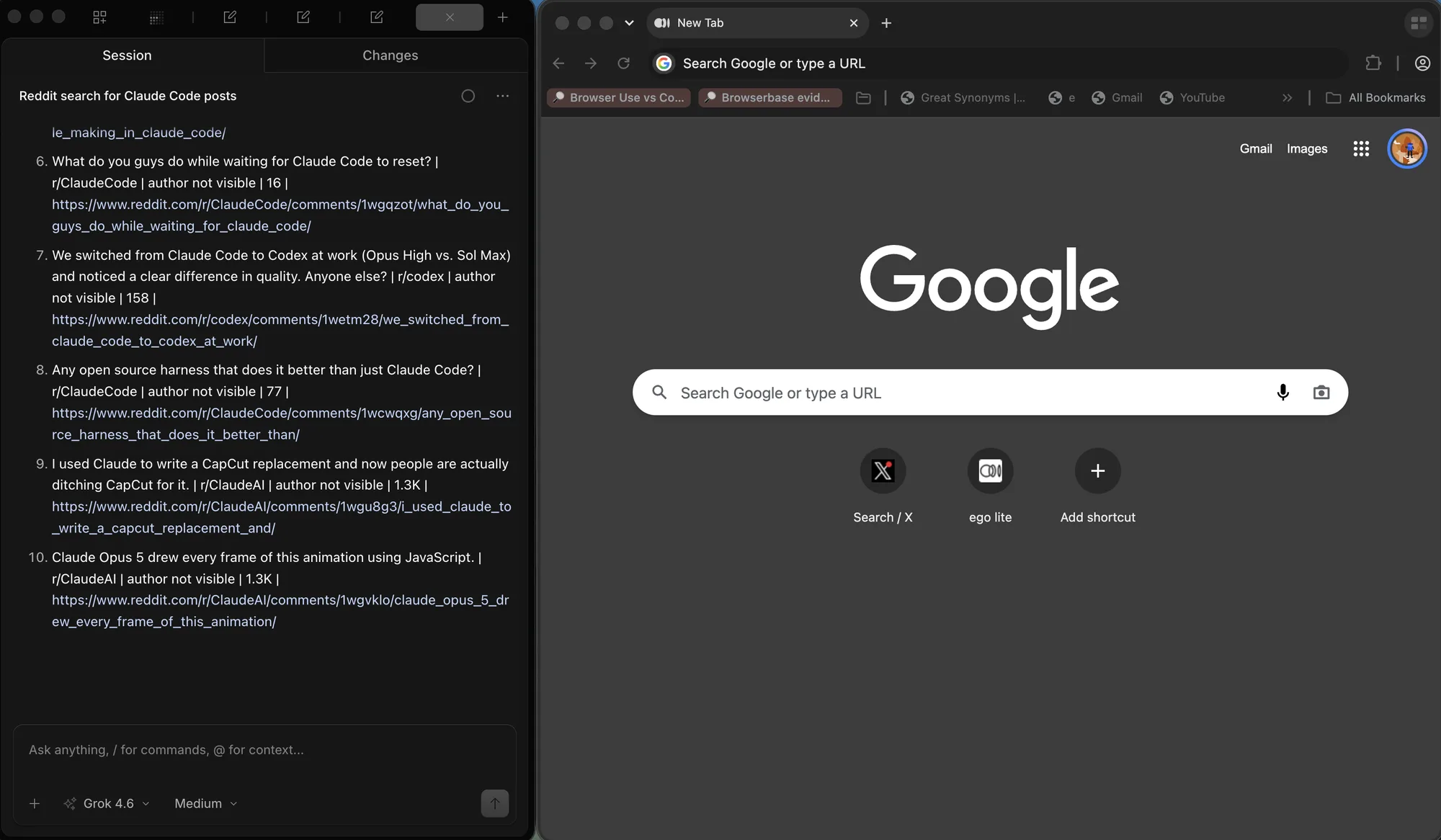 Grok 4.6 continuing the unique Reddit post list through item 10, with the right pane on the Google homepage