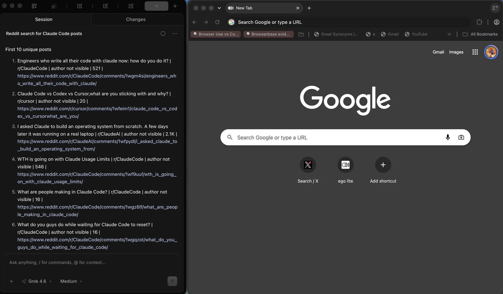Grok 4.6 listing unique Reddit posts 1 to 6 from a Claude Code search, with the right pane on the Google homepage