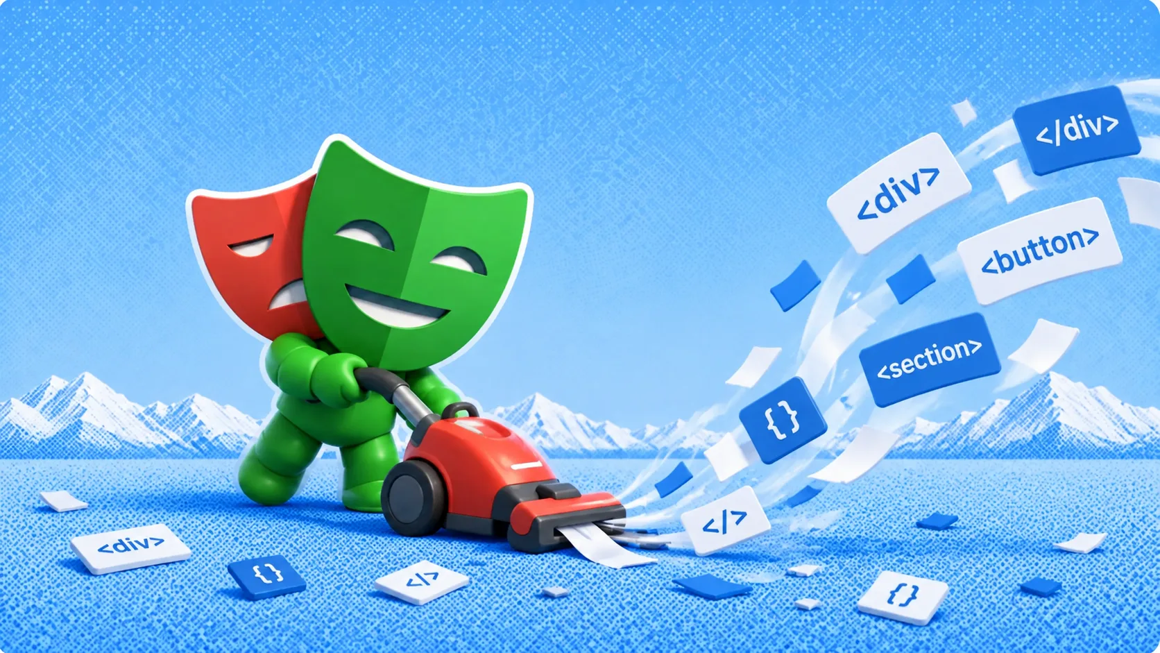 Green ego (lite) mascot vacuuming HTML tags like div, button, and section off a blue floor