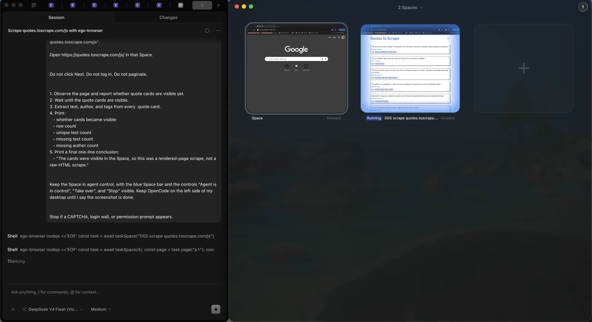 OpenCode beside the ego (lite) Spaces overview with the quotes scrape running in its own Space