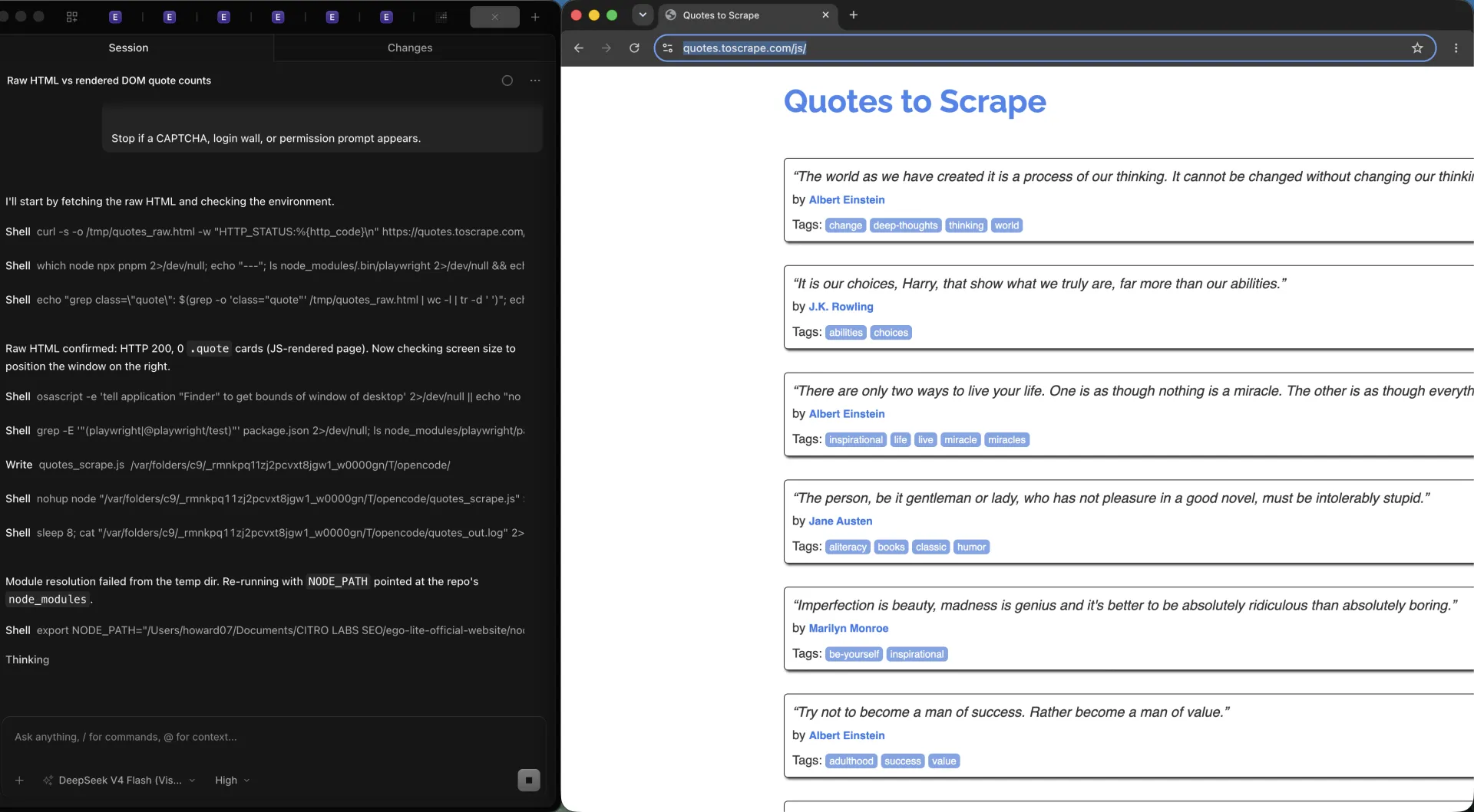 OpenCode confirming HTTP 200 and zero quote cards in the raw HTML beside headed Chromium showing quotes.toscrape.com/js