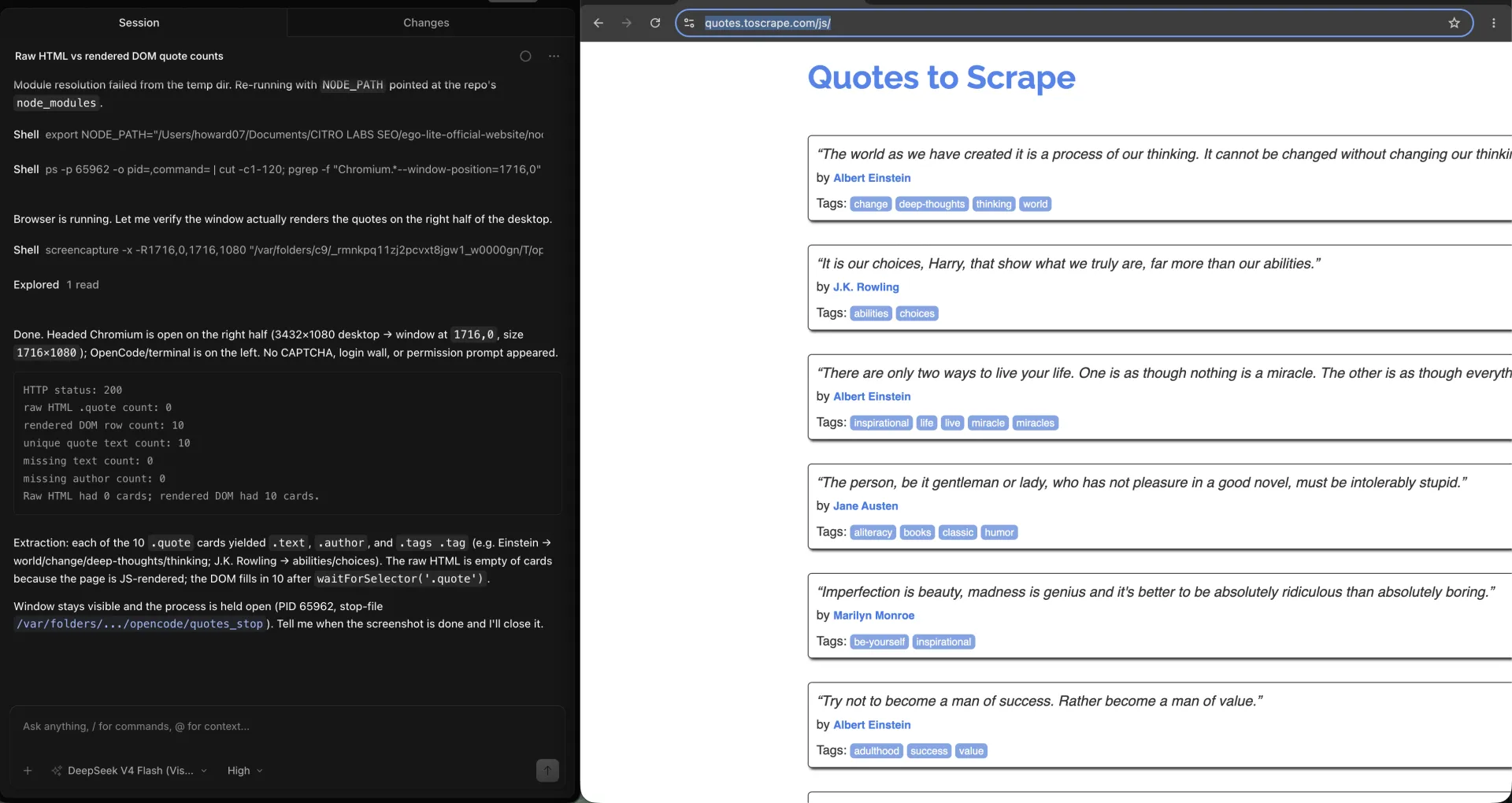 OpenCode showing 10 extracted quote rows beside headed Chromium on quotes.toscrape.com/js