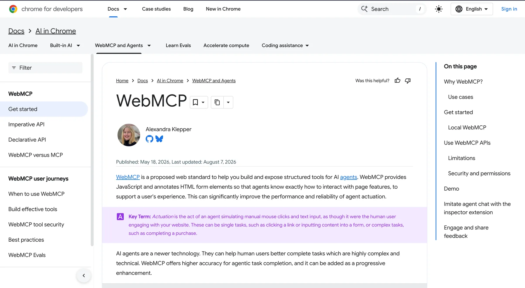 Chrome for Developers의 WebMCP 문서. 정의, 내비게이션, 페이지 개요가 보입니다