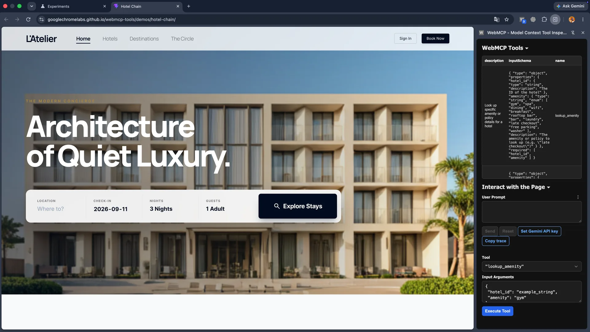 Chrome Labs의 Hotel Chain 데모와, lookup_amenity·search_location·view_hotel 스키마를 나열하는 WebMCP Inspector