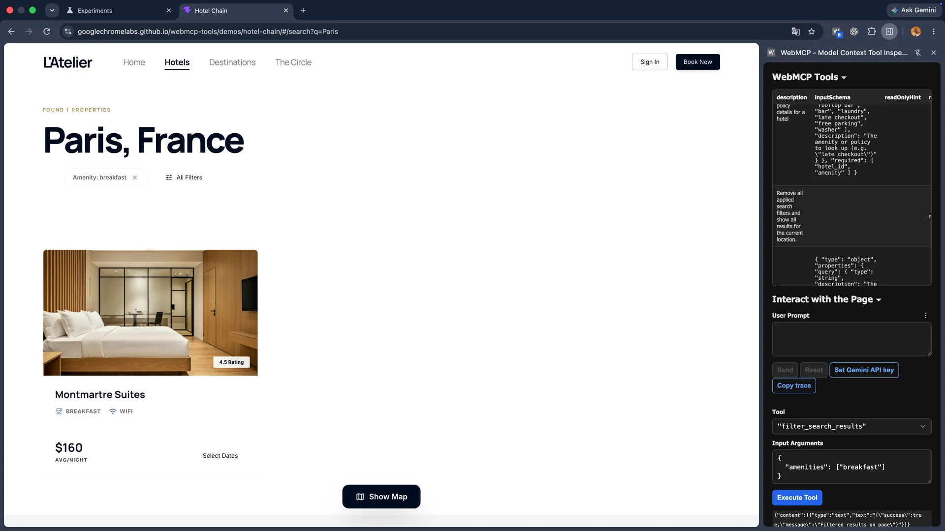 WebMCP 조식 필터 도구 호출 후 Hotel Chain의 파리 결과가 Montmartre Suites로 좁혀진 화면