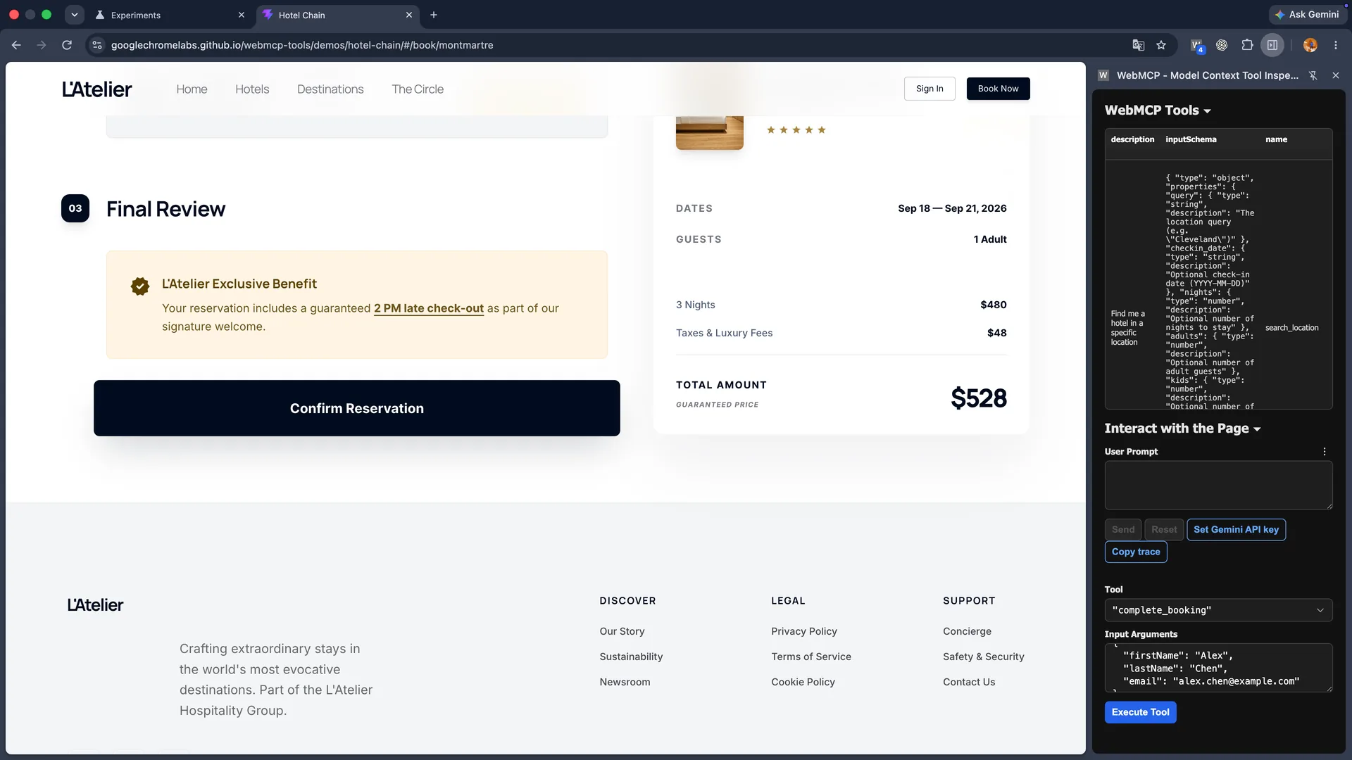 WebMCP complete_booking 도구 입력 옆에 Confirm Reservation 버튼이 보이는 호텔 예약 검토 페이지