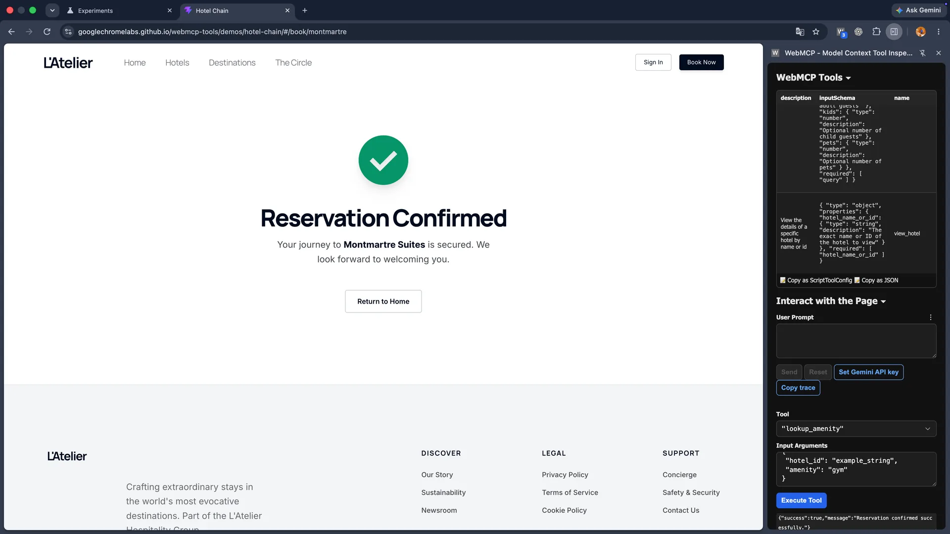 사람이 합성 예약을 승인한 뒤 Reservation Confirmed를 표시하는 Hotel Chain 데모