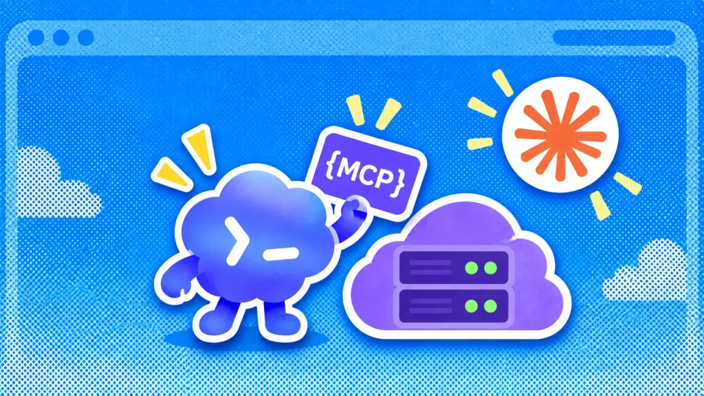 Illustration of a cloud-shaped character holding an MCP sign beside a server rack inside a purple cloud, framed by a browser window
