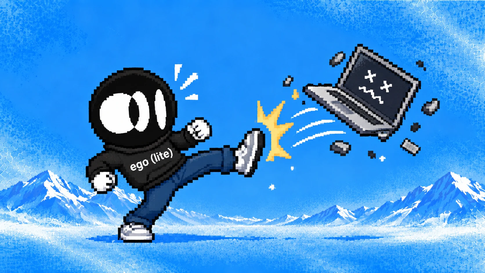 The ego (lite) mascot kicking a broken laptop in a snowy pixel-art landscape