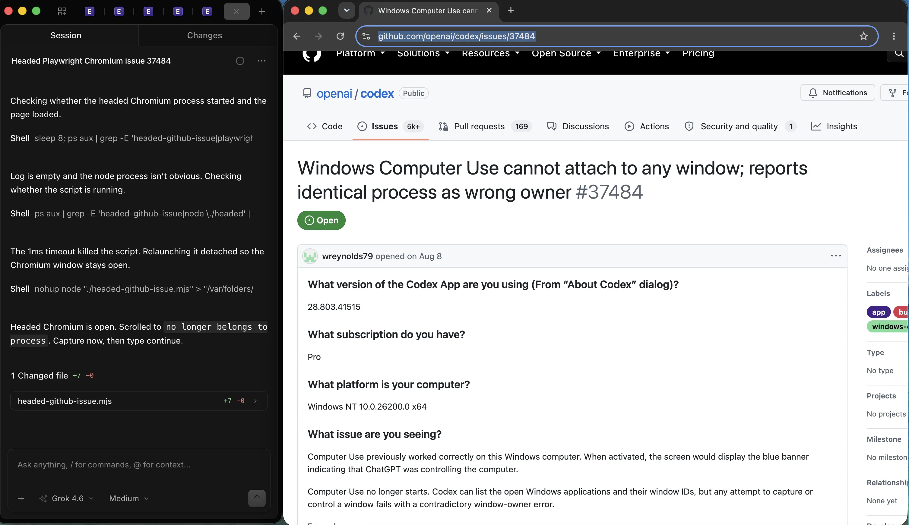 OpenCode beside a headed Chromium window on GitHub issue 37484 about Windows Computer Use failing to attach to a window