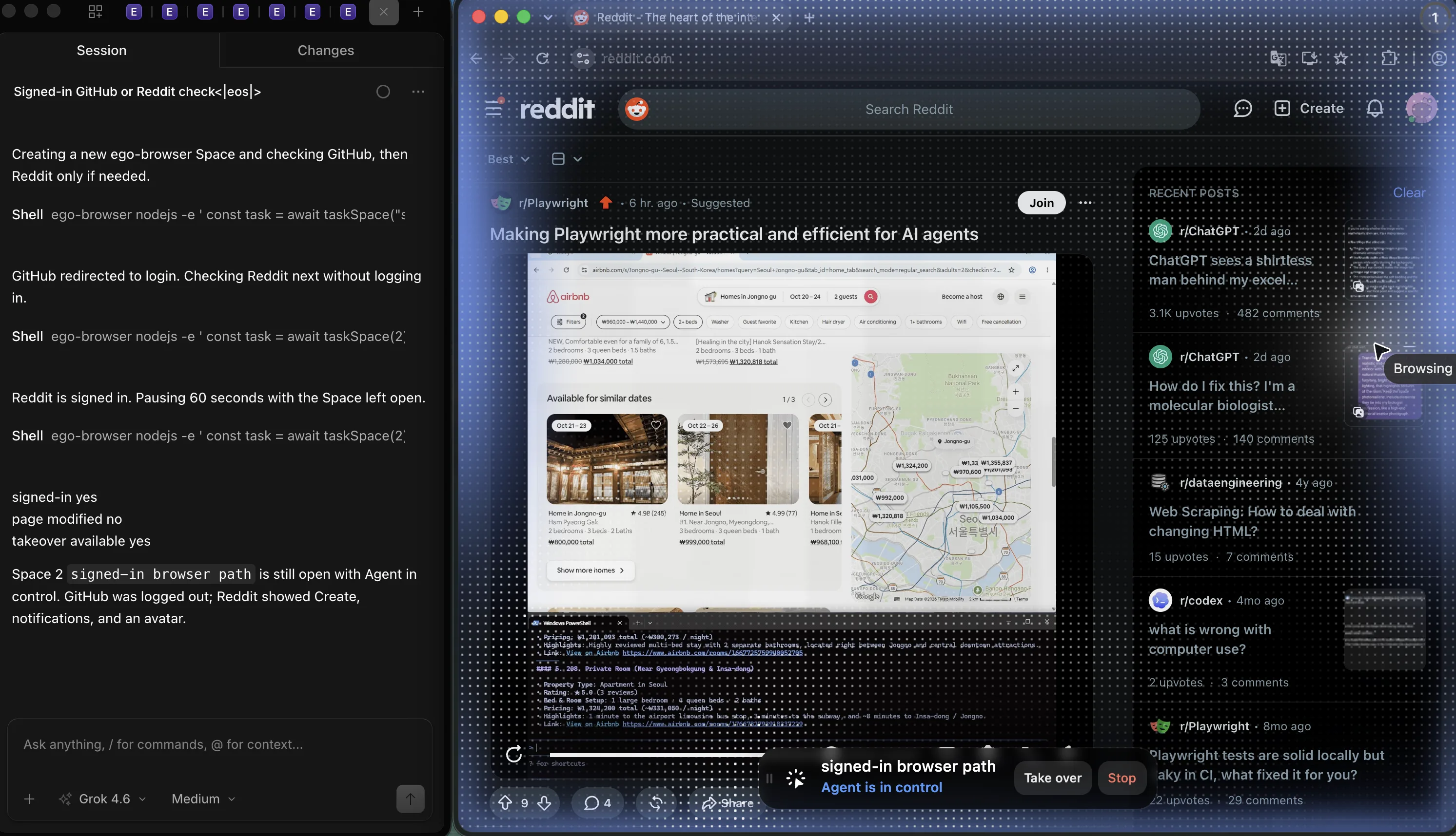 OpenCode beside an ego (lite) Space on signed-in Reddit with Agent is in control, Take over, and Stop