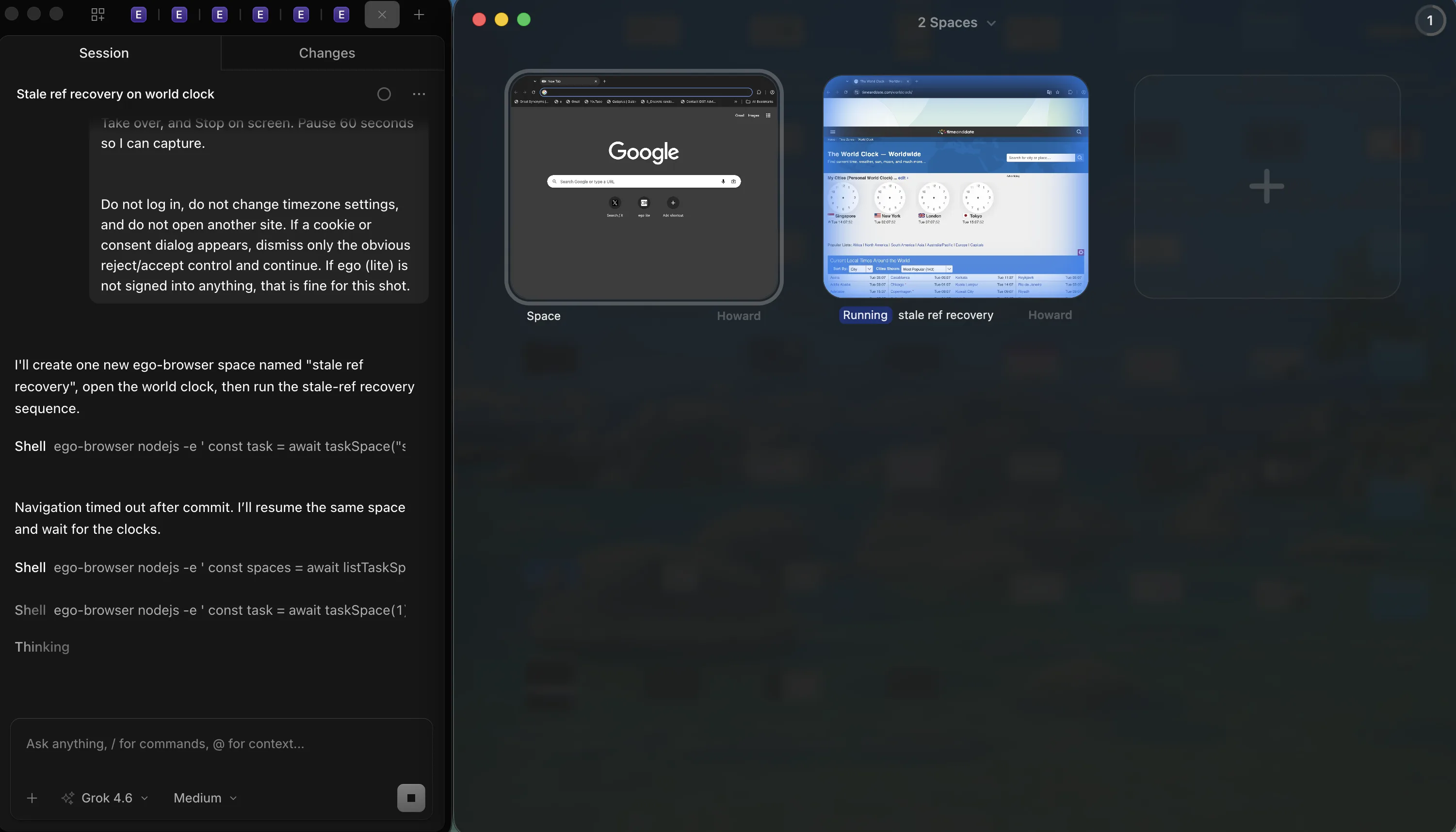 OpenCode beside the ego (lite) Spaces overview with a Running stale-ref recovery Space and an idle Howard Space