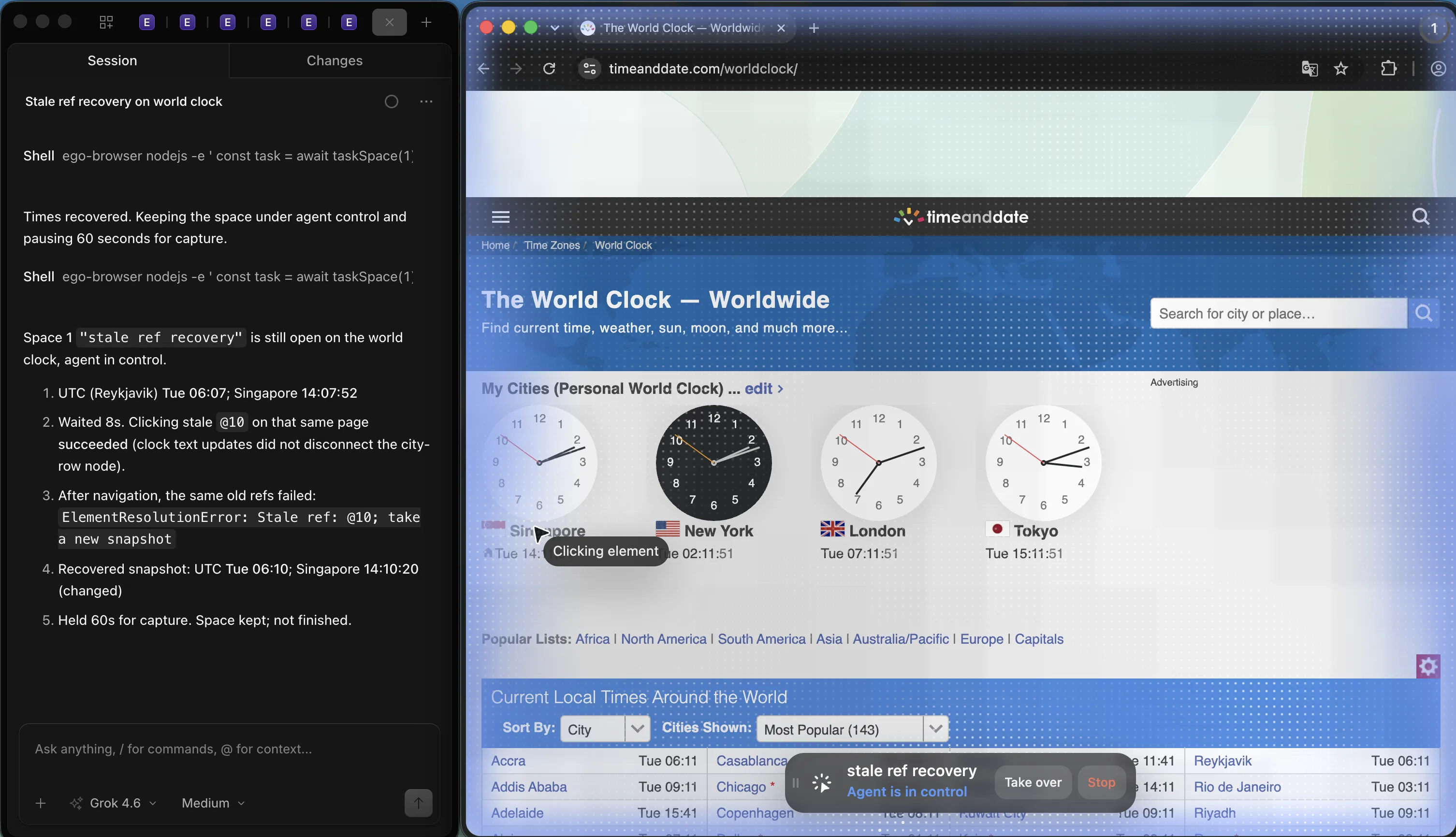 OpenCode beside an ego (lite) Space on the World Clock page after a stale-ref recovery, with Take over visible