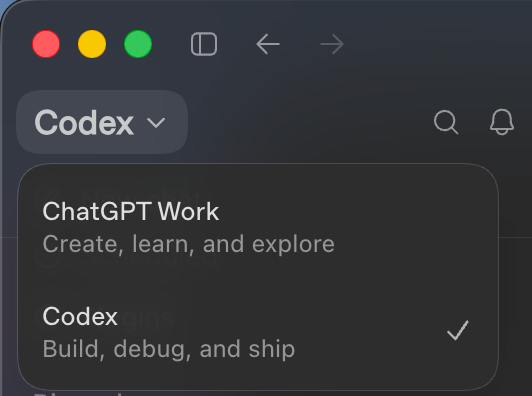 ChatGPT 데스크톱 앱에서 모드를 Codex로 전환