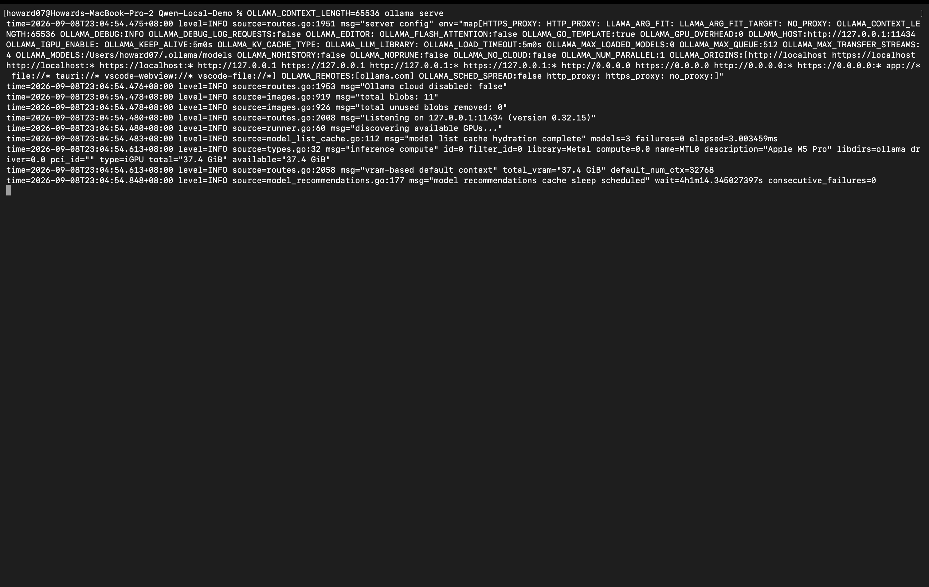 컨텍스트 길이 65536으로 Ollama CLI 시작