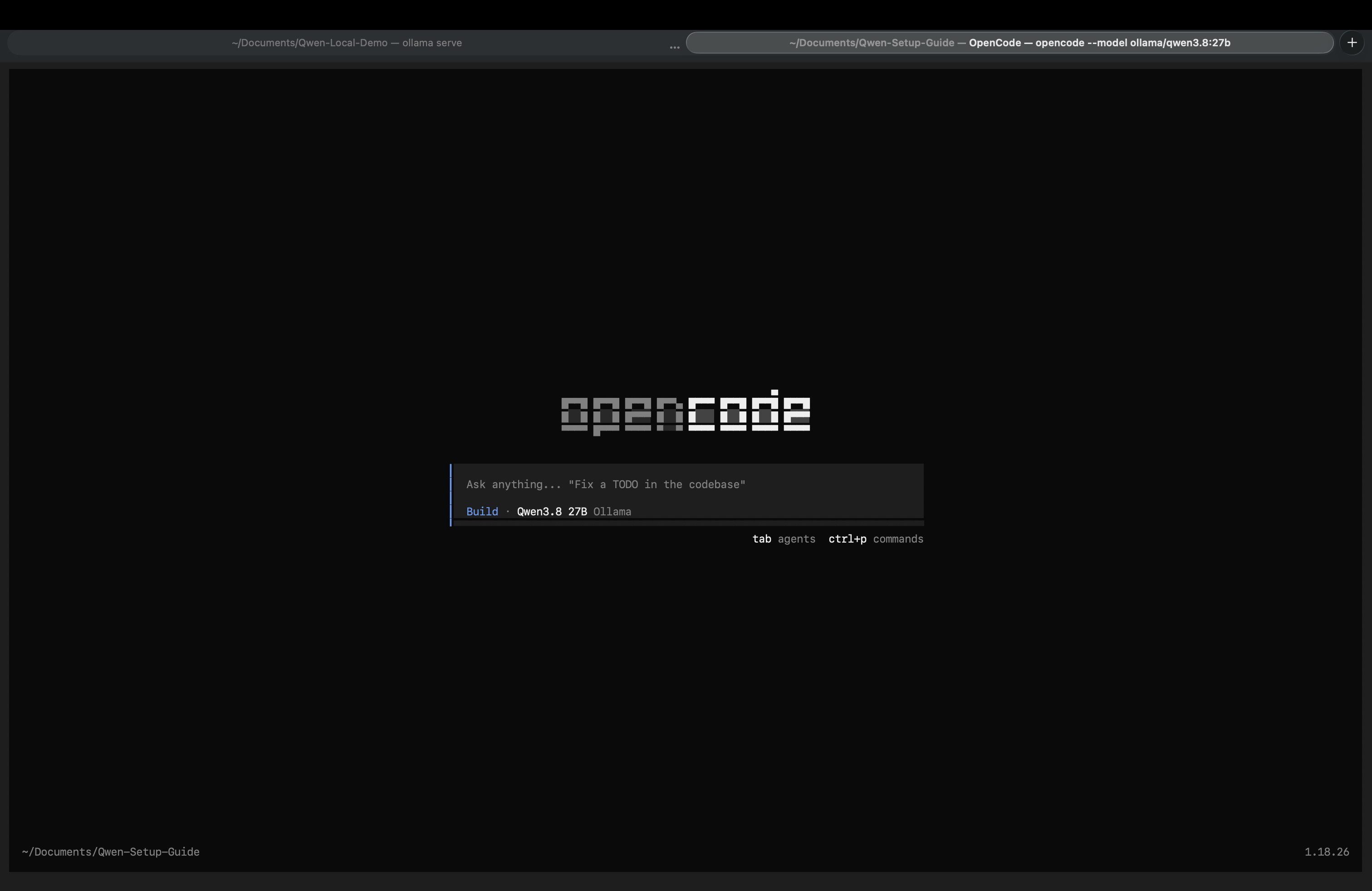 Qwen-Setup-Guide에서 Ollama의 Qwen3.8 27B를 선택한 OpenCode TUI