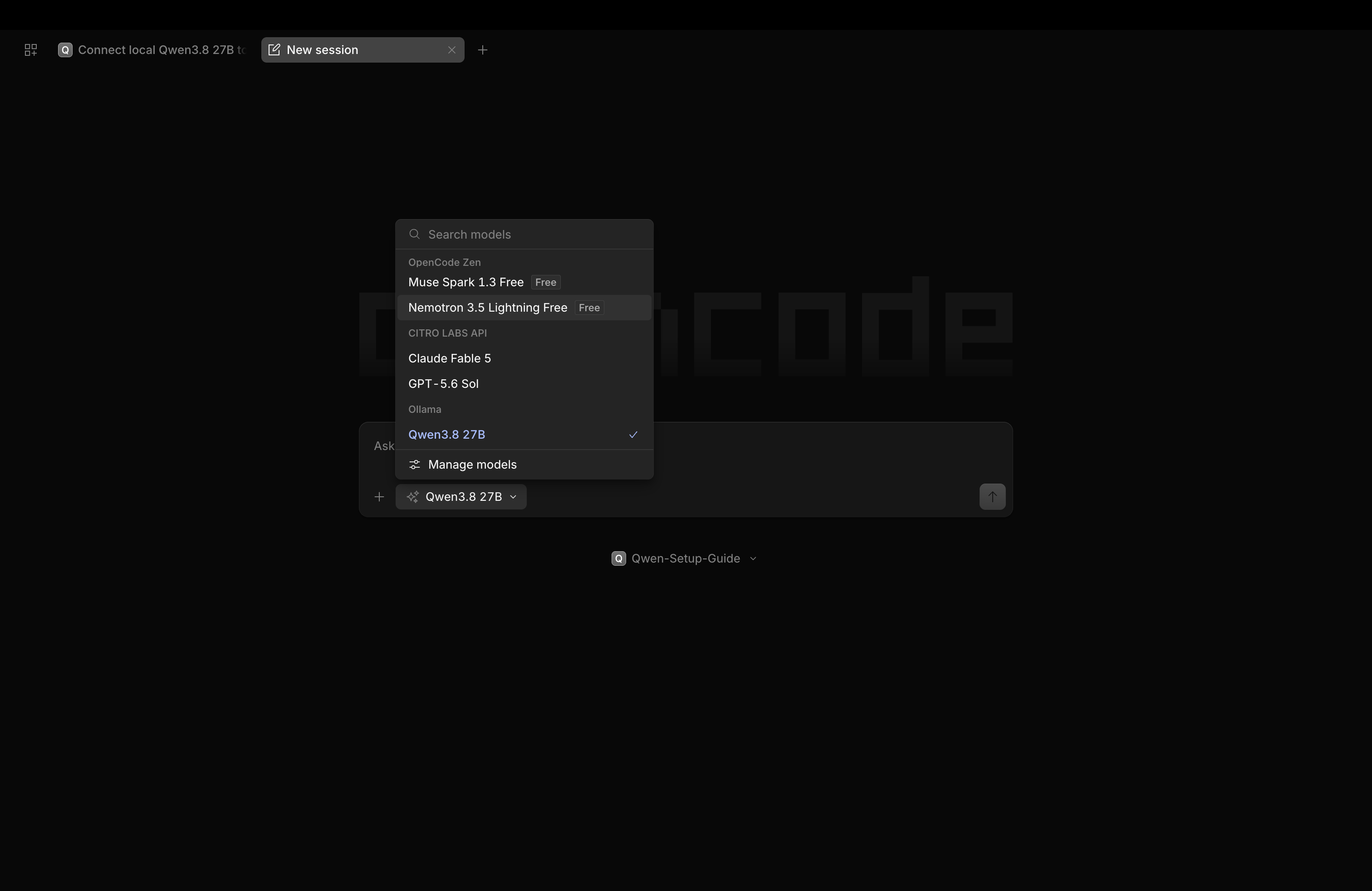 OpenCode 모델 메뉴에서 Ollama의 Qwen3.8 27B 선택