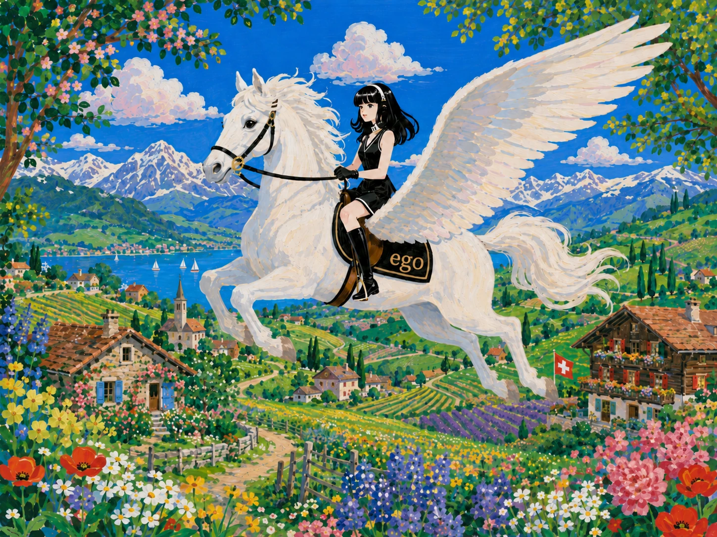 Hermes riding a white winged horse over an alpine village and lake, symbolizing an agent taking flight with ego (lite)
